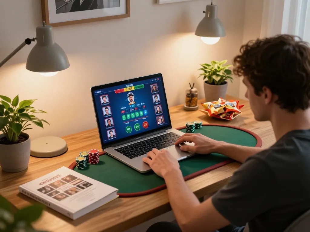 Person playing MM88 online poker at home, focused on strategic gameplay with vibrant interface.