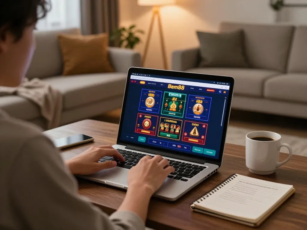 Experience winning strategies at Bem88 online casino, player engaging in gameplay on laptop in cozy home setting