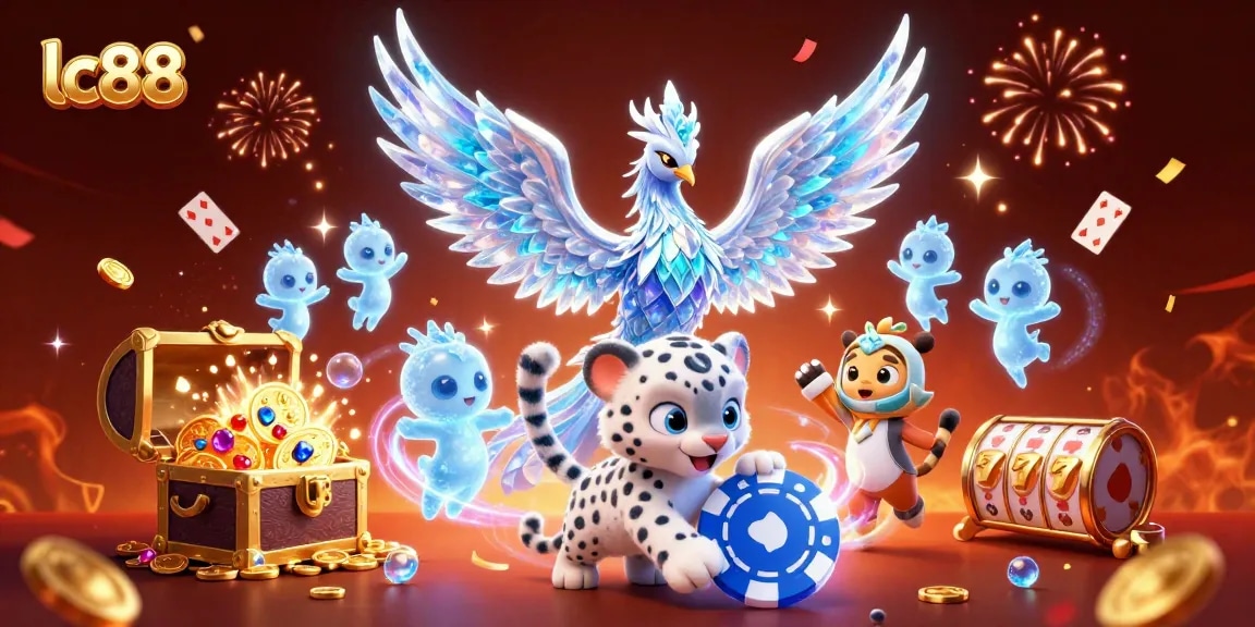 Experience excitement with lc88 and an ice phoenix in a vibrant casino scene filled with treasures.