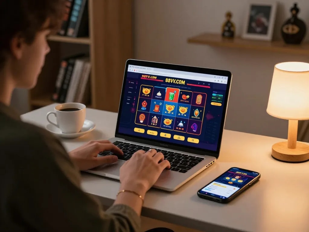 Gambler engaging with the 88VV.COM casino interface on a laptop, enjoying responsible gaming at home.