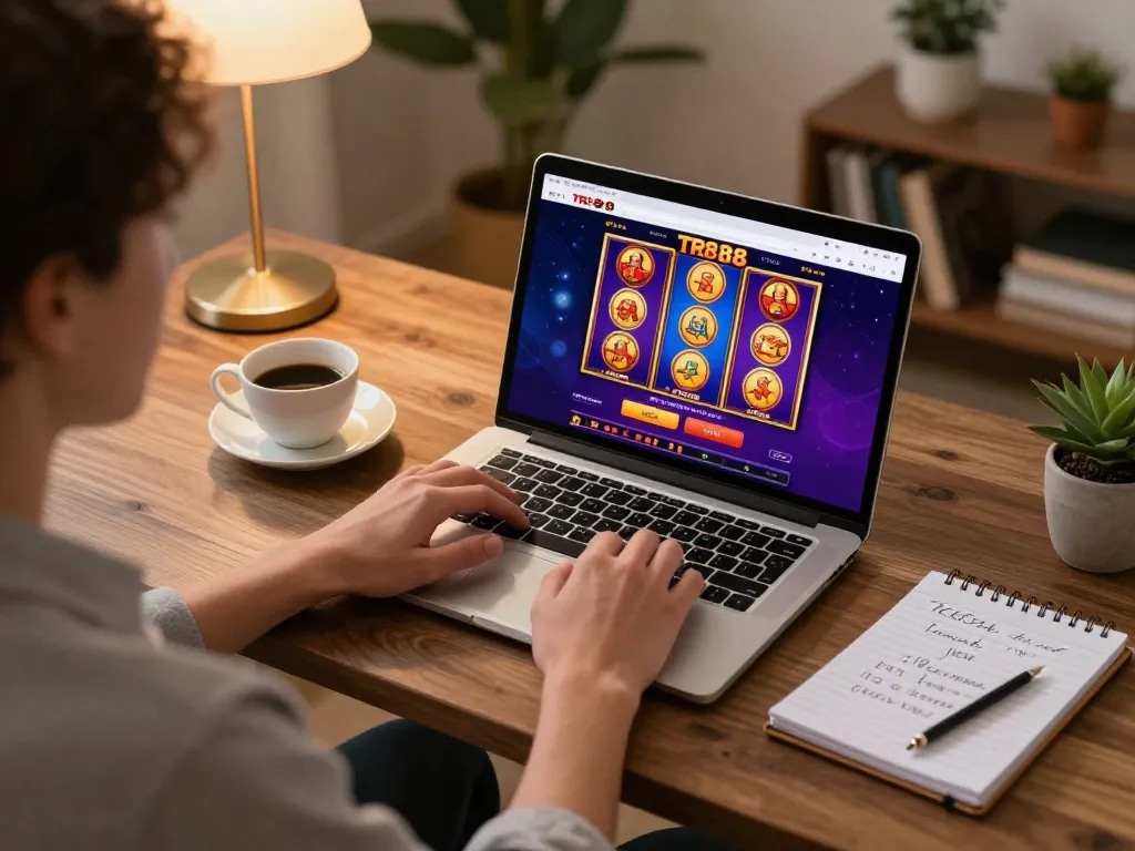 Player engaging with TR88 online casino platform from a modern home office setup.