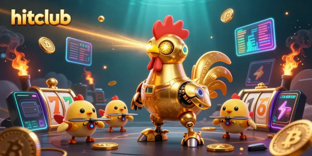 Engage in hitclub excitement with a dazzling 3D scene of a golden rooster robot and baby chick drones surrounded by jackpot symbols.