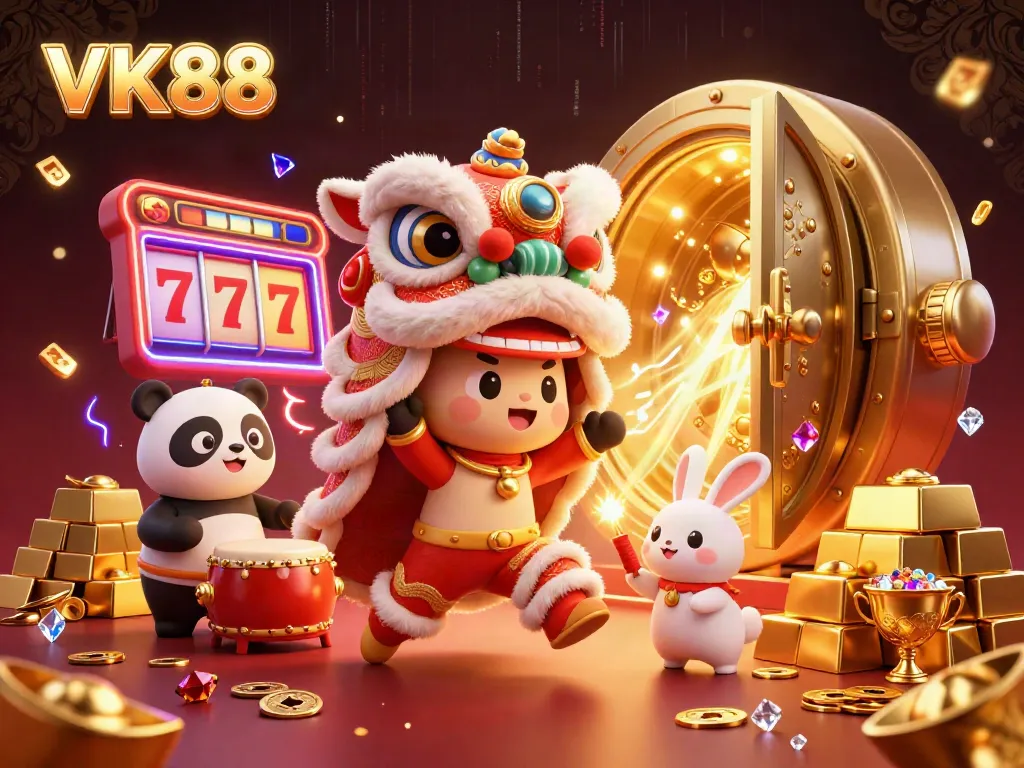 Experience the thrill of VK88 with a vibrant lion dance and dynamic slot gaming elements.