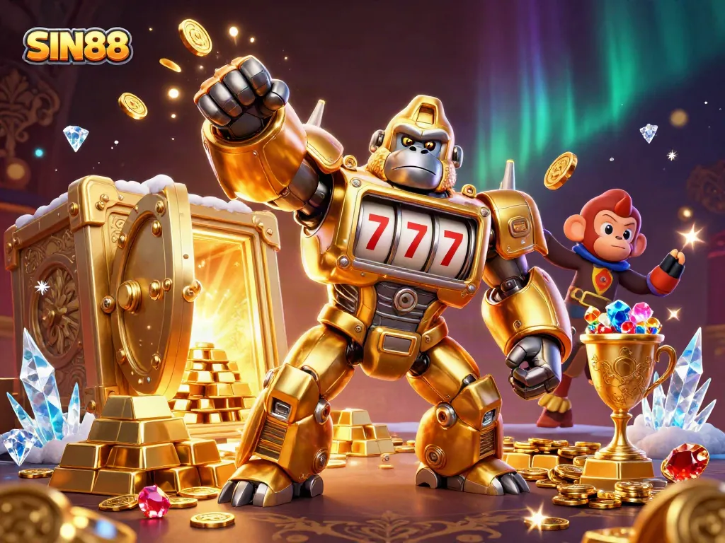 SIN88 showcases a thrilling 3D illustration of a mech gorilla amid casino riches bursting with excitement.