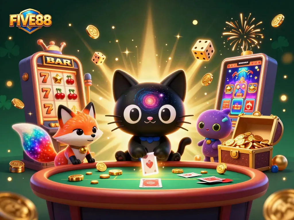 Engage with FIVE88's cosmic casino, where a black hole cat spins gold chips amidst vibrant gaming elements.