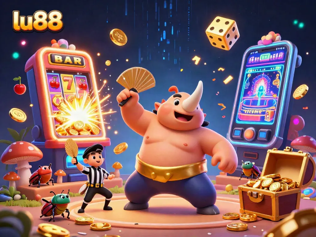 lu88 excitement as beetle champion stomps coins in a colorful casino scene
