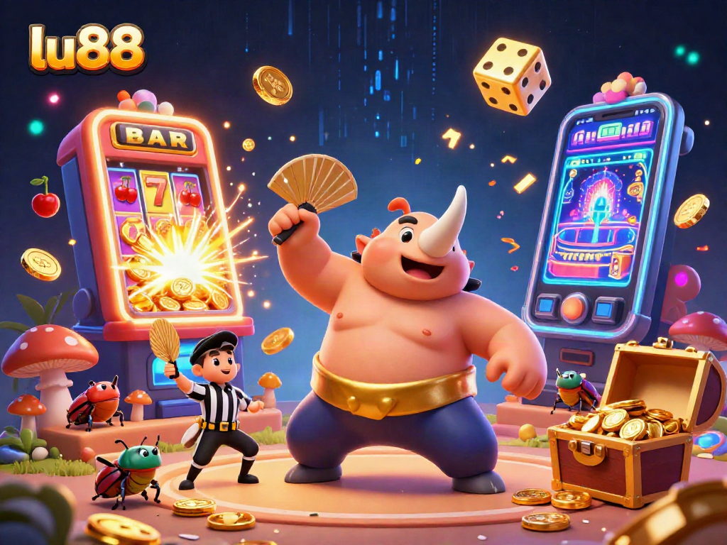 lu88 excitement as beetle champion stomps coins in a colorful casino scene