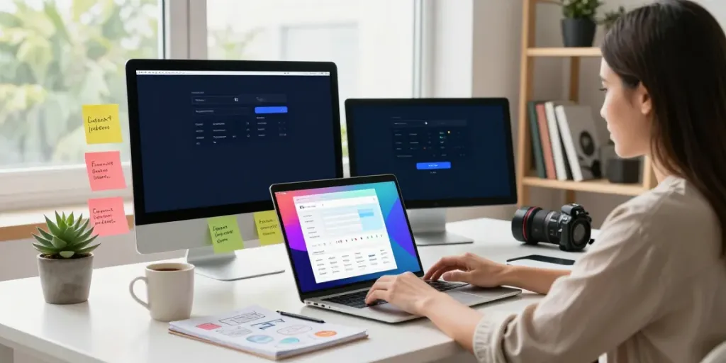 Professional workspace for instant indexing solutions with analytics dashboard and modern decor.