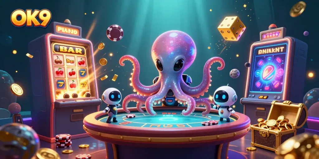 Engage in high-stakes gameplay with OK9's ultra-detailed 3D casino scene and vibrant characters.