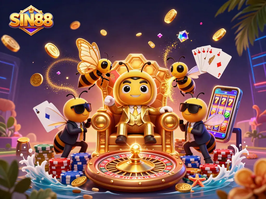 SIN88 online gaming scene featuring a mob boss surrounded by golden coins and dynamic casino elements.