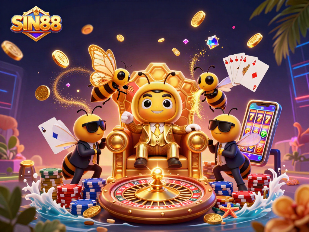 SIN88 online gaming scene featuring a mob boss surrounded by golden coins and dynamic casino elements.