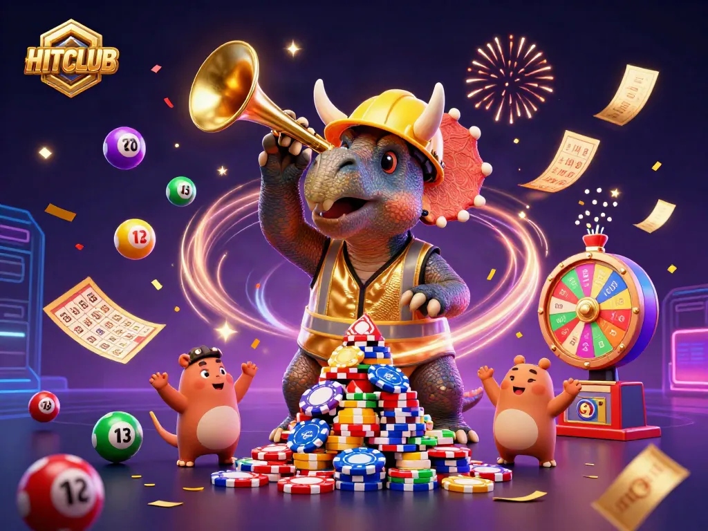 Engage with HITCLUB: A vibrant celebration of gaming excitement featuring colorful elements and immersive characters.