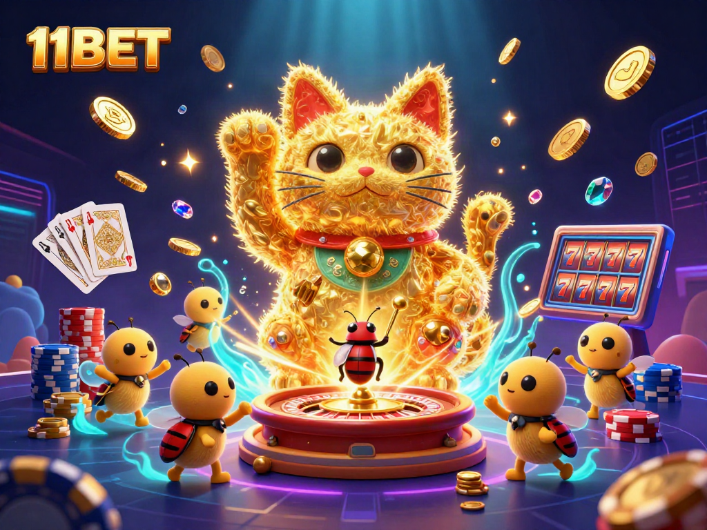 Engage with 11BET's exciting gaming experience featuring a golden lucky cat, vibrant casino symbols, and dynamic gameplay.