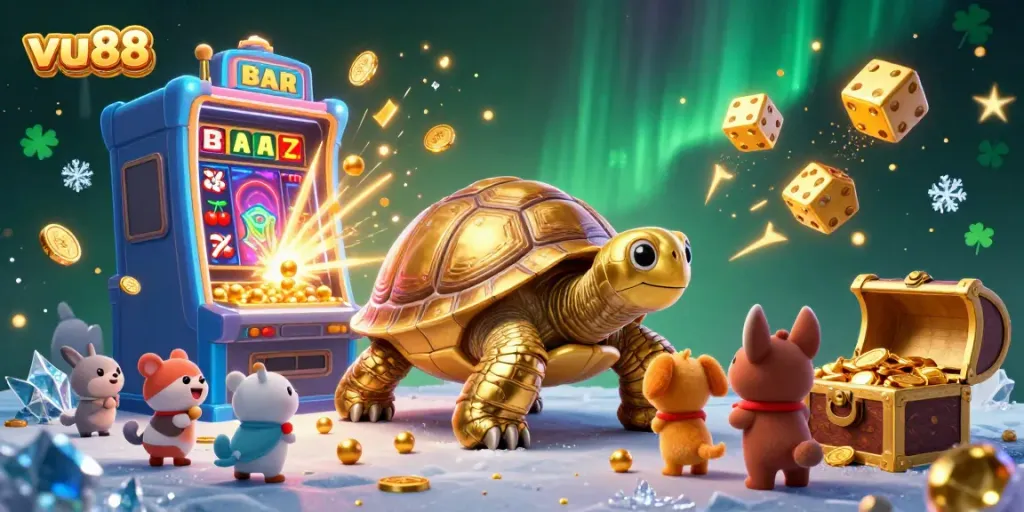 Play exciting casino games with vu88 in a vibrant scene featuring a golden tortoise, slot machines, and fireworks.