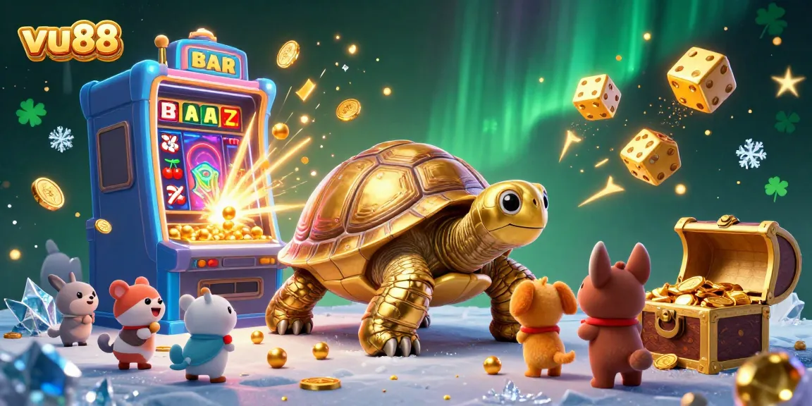 Play exciting casino games with vu88 in a vibrant scene featuring a golden tortoise, slot machines, and fireworks.