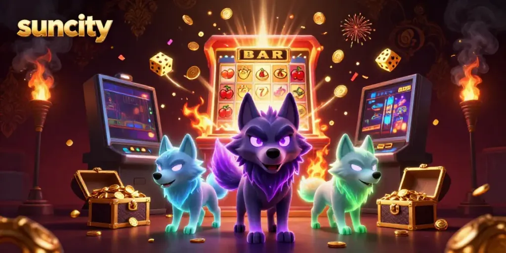 Suncity casino scene featuring glowing wolf companions and dynamic game elements.