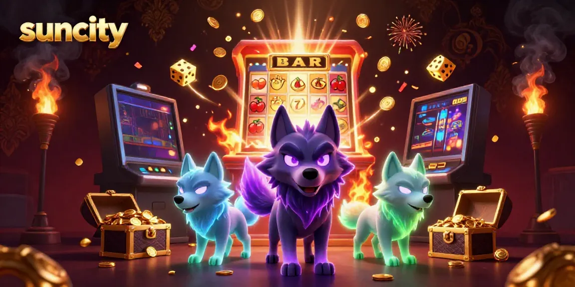 Suncity casino scene featuring glowing wolf companions and dynamic game elements.