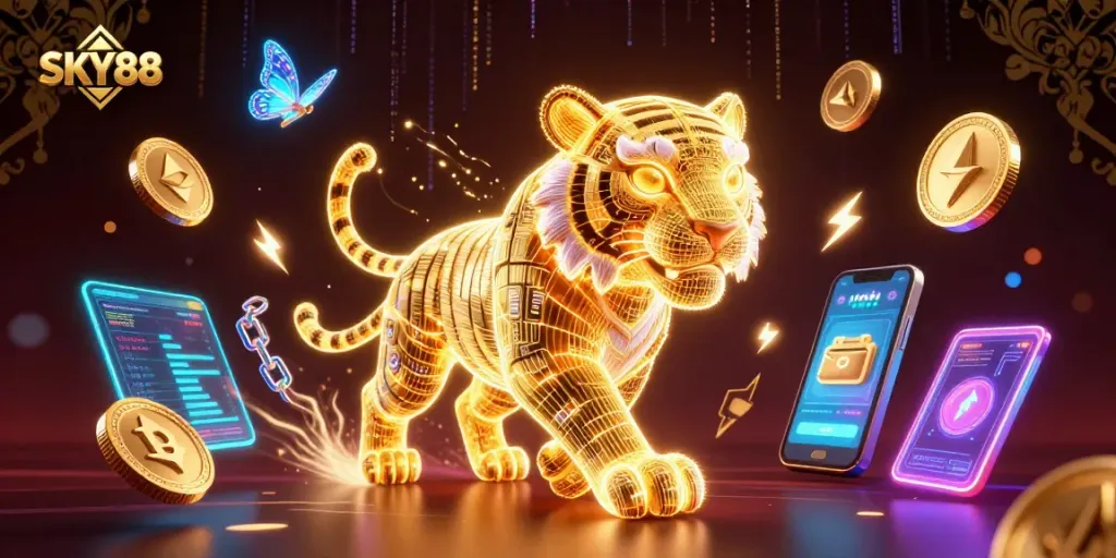 Engage with SKY88's vibrant casino culture through immersive 3D digital art featuring gold tiger and crypto elements.