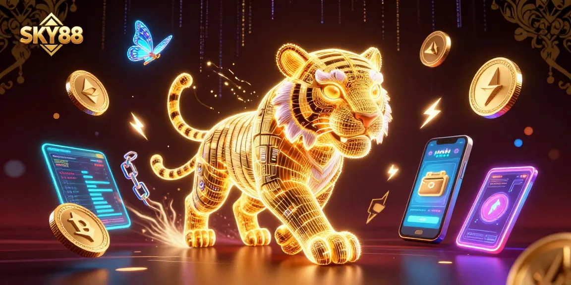Engage with SKY88's vibrant casino culture through immersive 3D digital art featuring gold tiger and crypto elements.