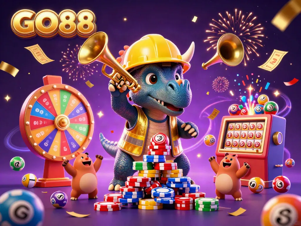 Experience the excitement of GO88 with dynamic lottery balls and cheerful cartoon dinosaurs celebrating in a colorful casino scene.