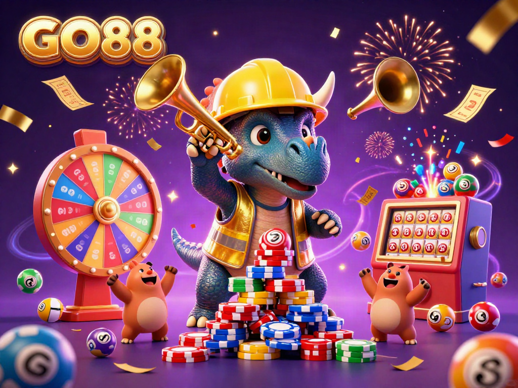 Experience the excitement of GO88 with dynamic lottery balls and cheerful cartoon dinosaurs celebrating in a colorful casino scene.
