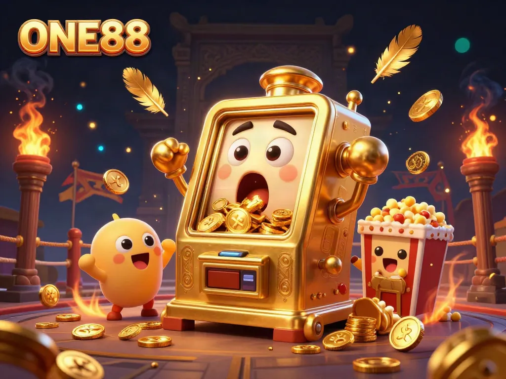 ONE88's golden slot machine celebrates hitting a jackpot amidst cheering baby machines and dynamic casino elements.