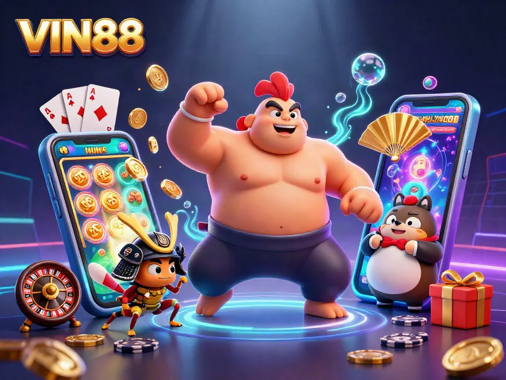 VIN88's exciting casino atmosphere showcases a powerful sumo wrestler rooster alongside gaming features.