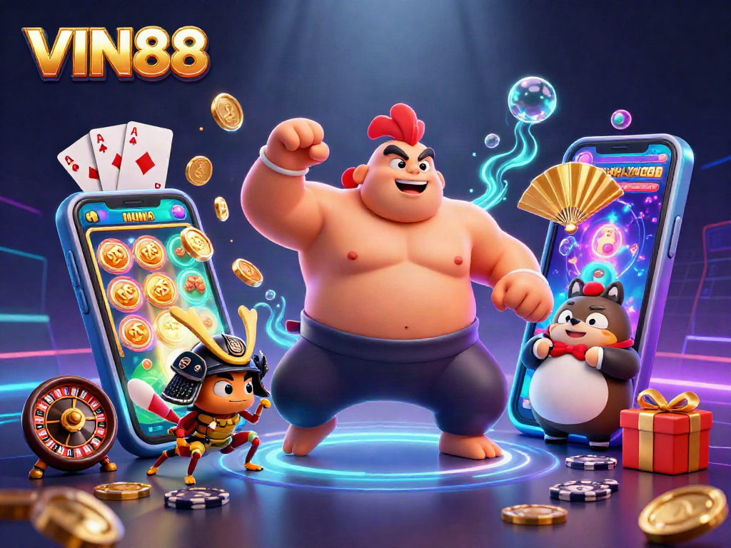 VIN88's exciting casino atmosphere showcases a powerful sumo wrestler rooster alongside gaming features.