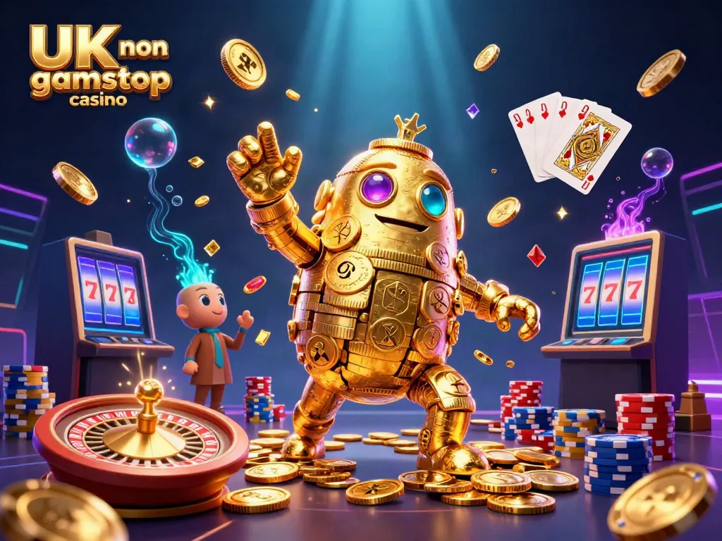 Engage with top UK non gamstop casino visuals featuring a golden golem amidst a dynamic casino scene.