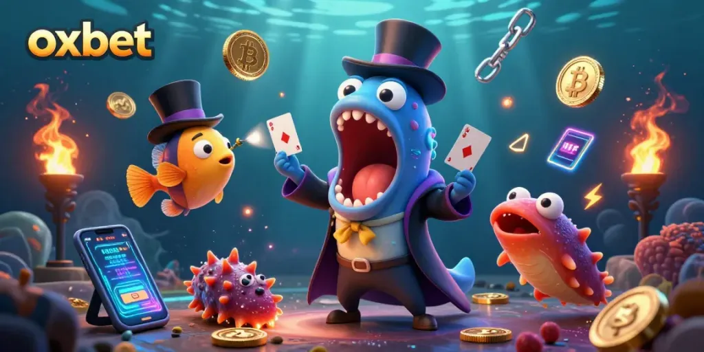 Engage with OXBET's thrilling jackpot opportunities showcased by lively underwater characters performing exciting tricks.