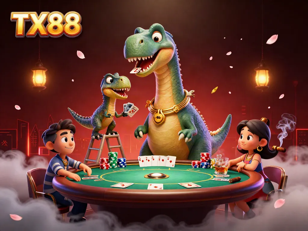 TX88 captivates players at a vibrant virtual poker table featuring dynamic 3D cartoon dinosaur characters.
