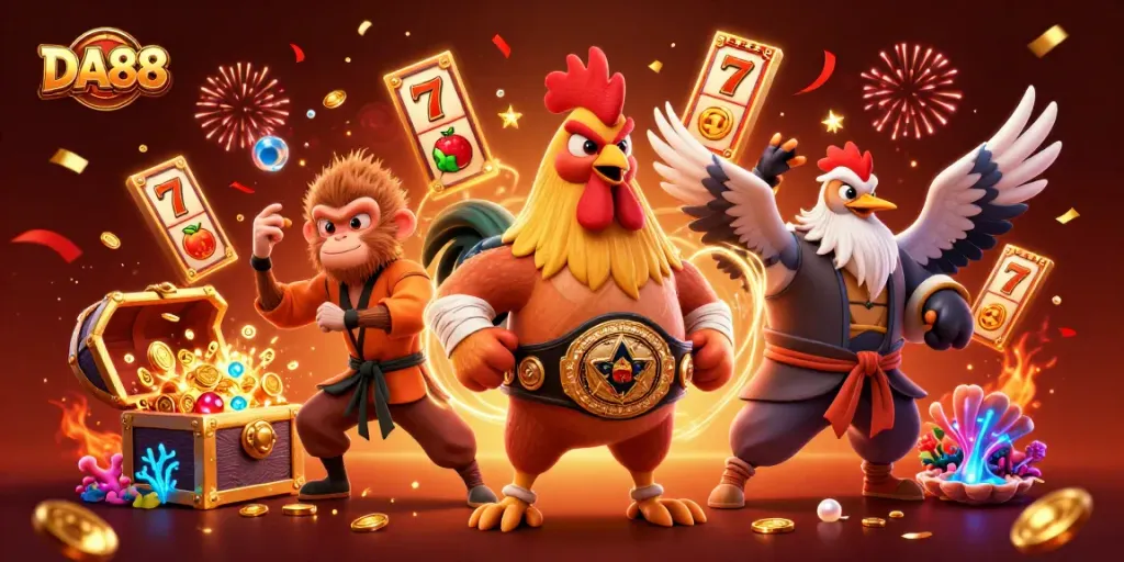 Join DA88 in an exhilarating casino adventure surrounded by slot reels and festive treasures!