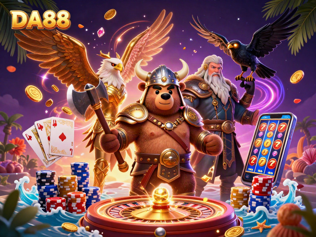 Win big at DA88 with this vibrant 3D illustration of exciting casino games and dynamic characters.