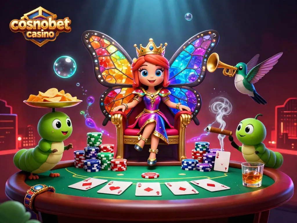 Enjoy thrilling gameplay at cosmobet casino with a vibrant 3D scene featuring the butterfly queen and poker action.