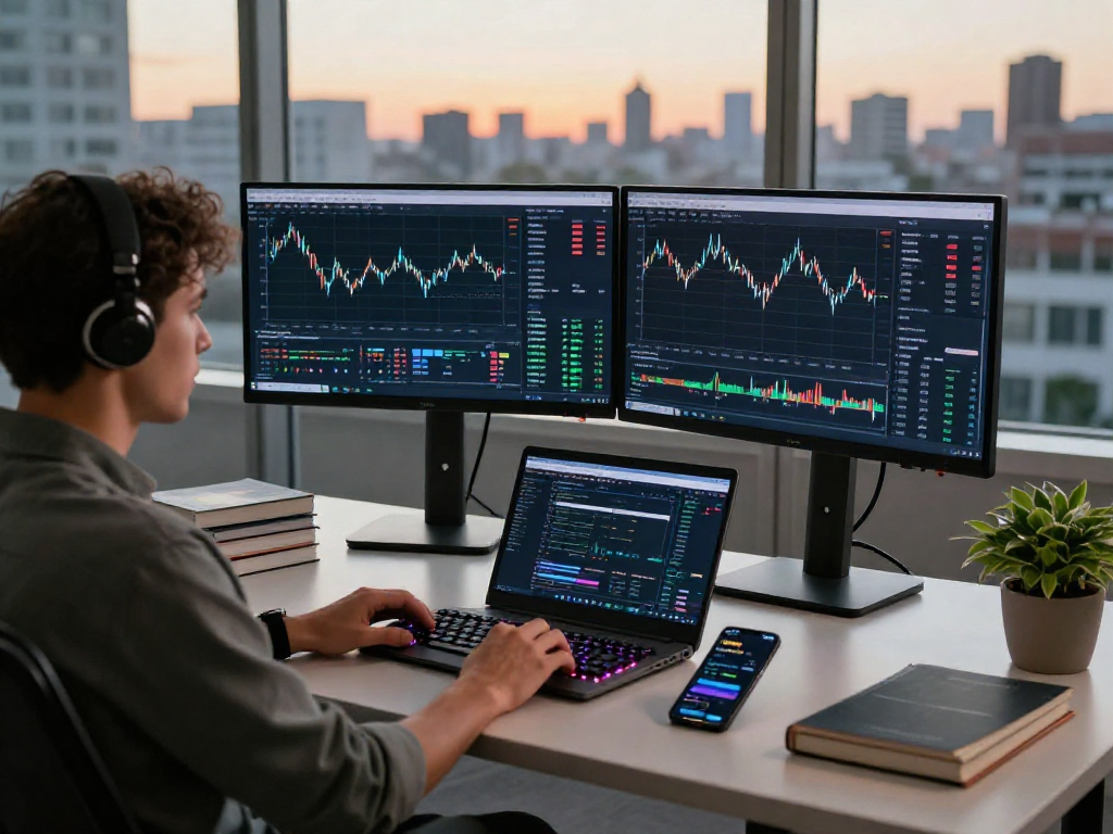Un trader trabajando en Immediate Edge con gráficos en pantallas y ambiente productivo.