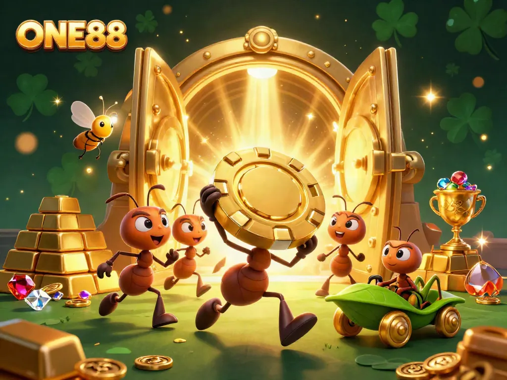 ONE88 brand illustration with a fun heist theme featuring ants, poker chips, and treasures.