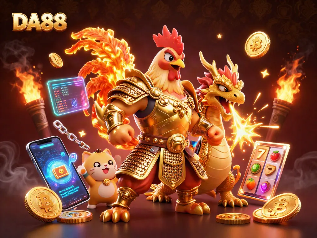 DA88 engages players with vibrant 3D gaming scene featuring slot reels, coins, and dynamic characters