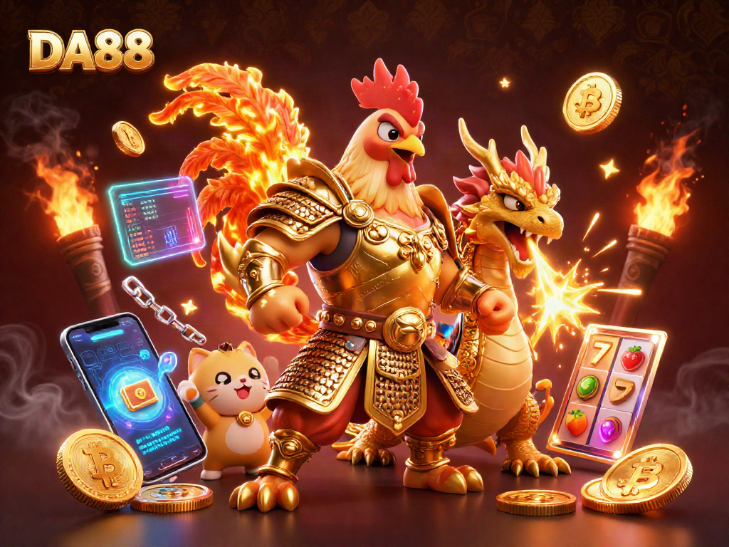 DA88 engages players with vibrant 3D gaming scene featuring slot reels, coins, and dynamic characters