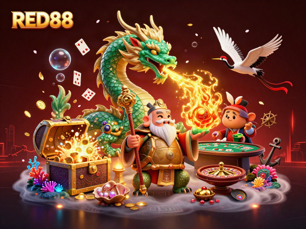 Experience thrilling wins at RED88 with a dynamic illustration of a jade dragon, turtle sage, and lucky cranes in a vibrant casino scene.