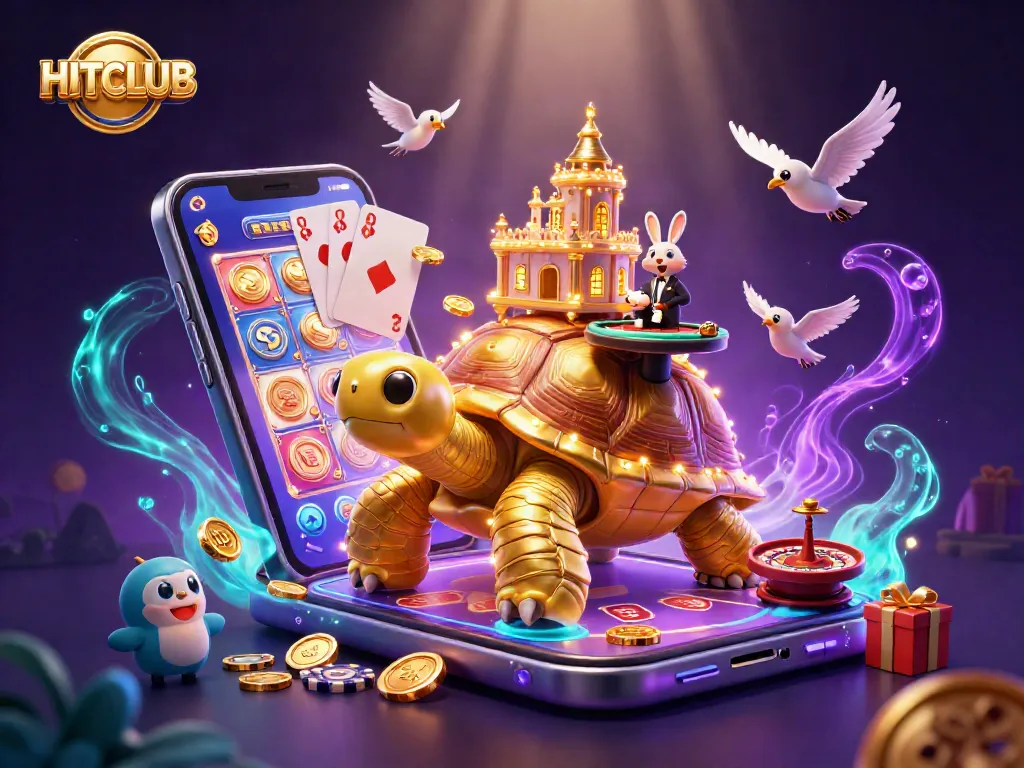 Exciting HITCLUB experience with a cartoon tortoise casino, rabbit dealer, and golden coins!