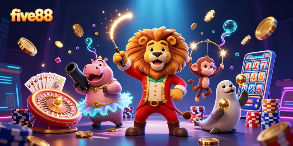 Engage in the vibrant five88 casino atmosphere, featuring lively characters and thrilling gaming elements.