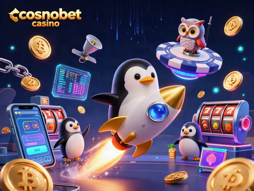 Win at cosmobet casino with exciting gameplay, featuring a golden penguin and poker chip.