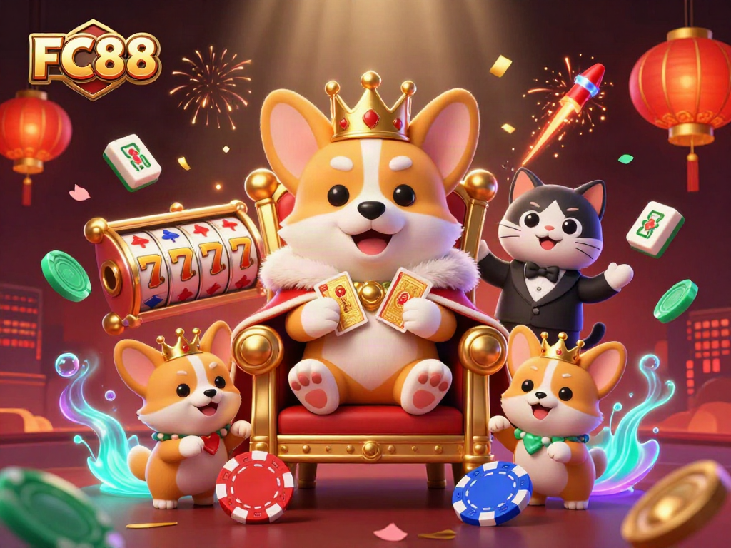 FC88 Royal Corgi Throne surrounded by dynamic gambling elements like slot reels and lucky red envelopes.