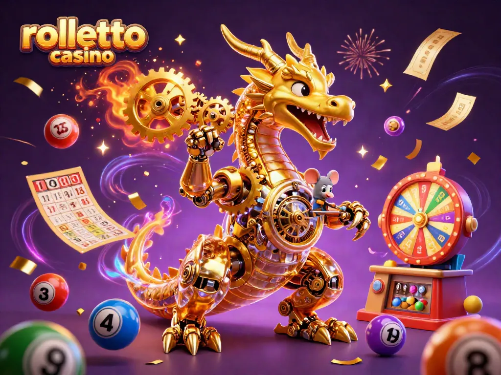 Engage with exciting games at rolletto casino, featuring dynamic visuals of a golden dragon and vibrant lottery elements.