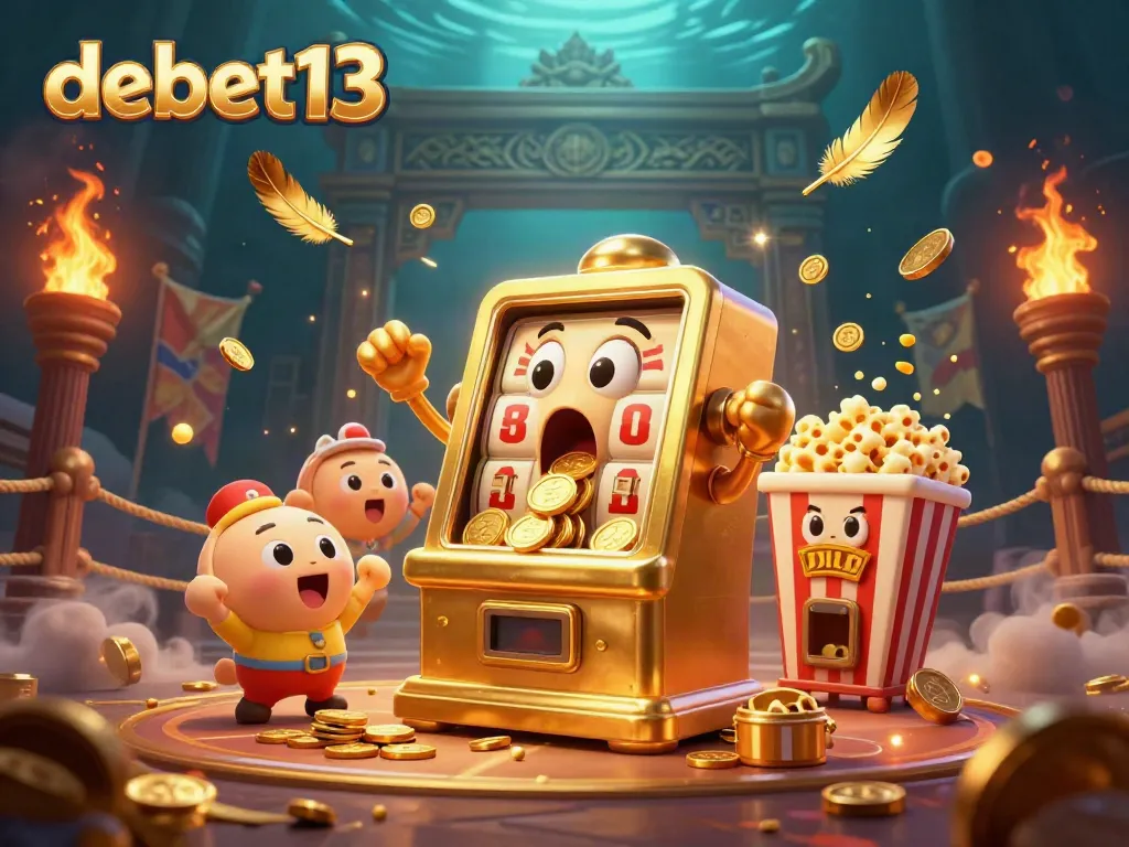Experience the thrill of debet13 as a cartoon golden slot machine hits the jackpot, surrounded by cheering machines and festive elements.