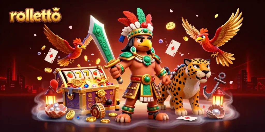 Engage with rolletto's thrilling slot experience as Aztec warriors celebrate wins amidst treasure.