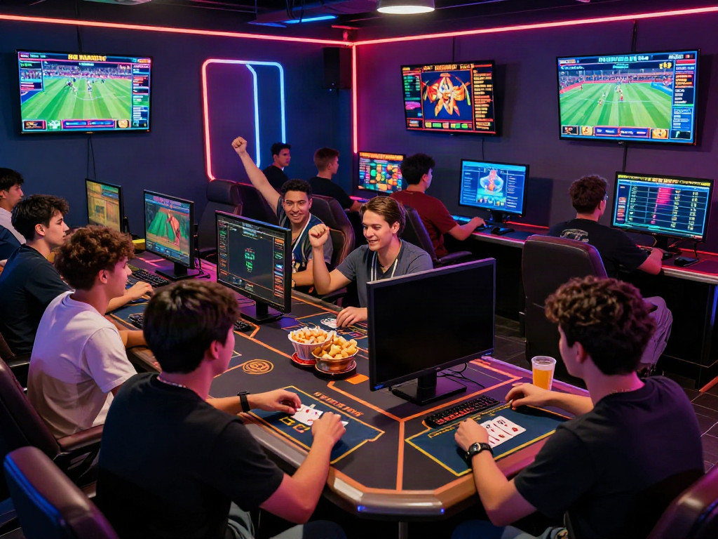 Diverse group enjoying 9bet online gaming with live betting screens.