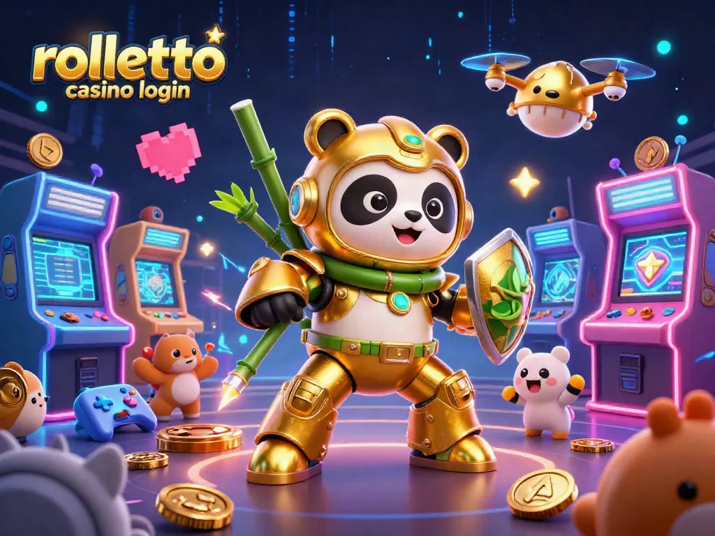 Engage with rolletto casino login through a vibrant 3D digital illustration featuring a mech-suit panda.