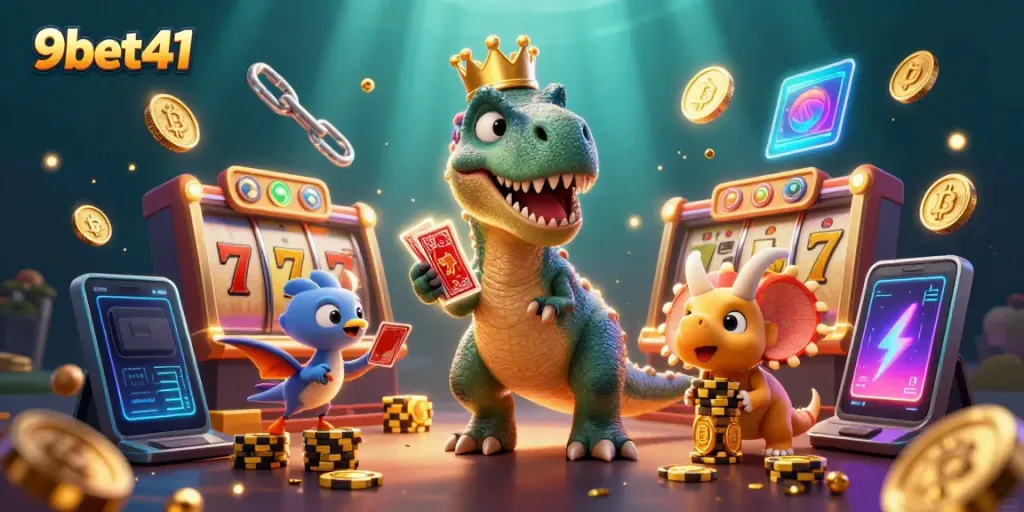 Engage with 9bet41 featuring a friendly T-Rex and pterodactyl in a vibrant casino scene.