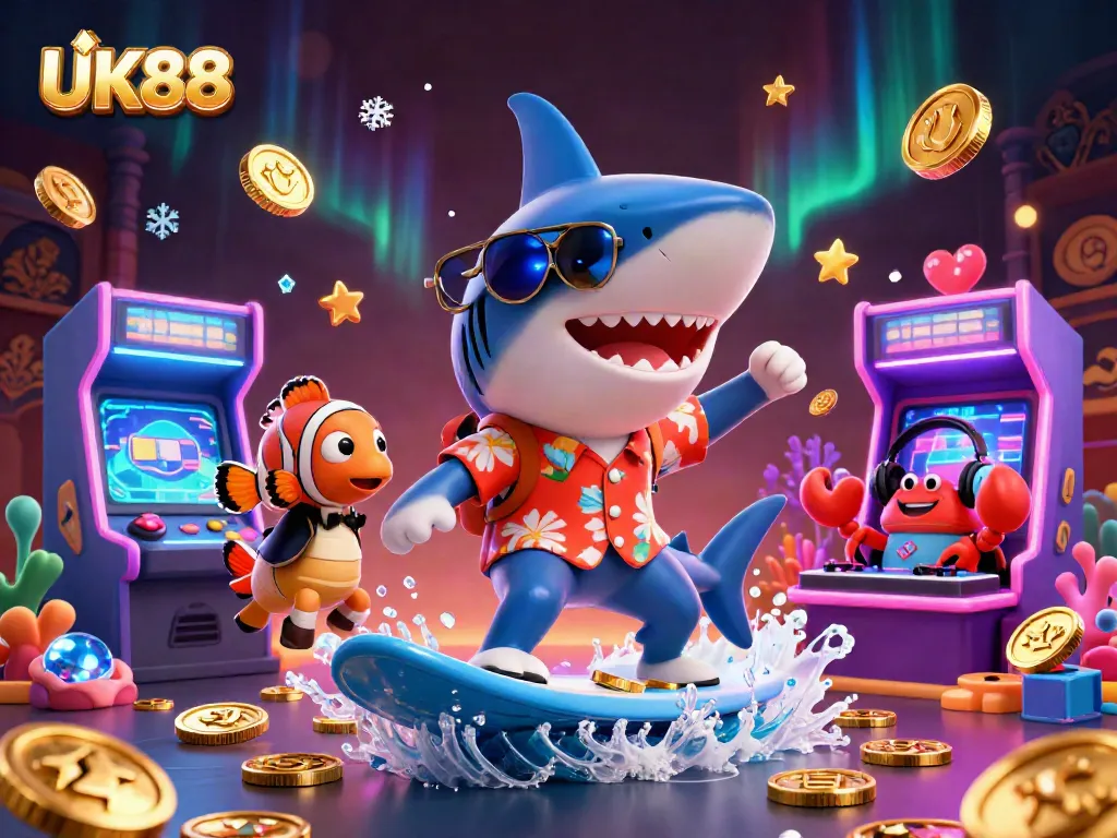 Play exciting games at UK88 with a shark surfing on gold coins, surrounded by colorful gaming elements.